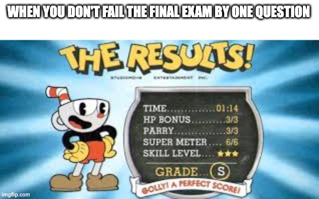 Cuphead S Rank | WHEN YOU DON'T FAIL THE FINAL EXAM BY ONE QUESTION | image tagged in cuphead s rank | made w/ Imgflip meme maker