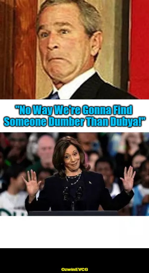 V2 o' 3 for Dubya vs Scamala* | "No Way We're Gonna Find 

Someone Dumber Than Dubya!"; OzwinEVCG | image tagged in george w bush,baby dubya,kamala harris,scamala harris,myth of progress,say what again | made w/ Imgflip meme maker