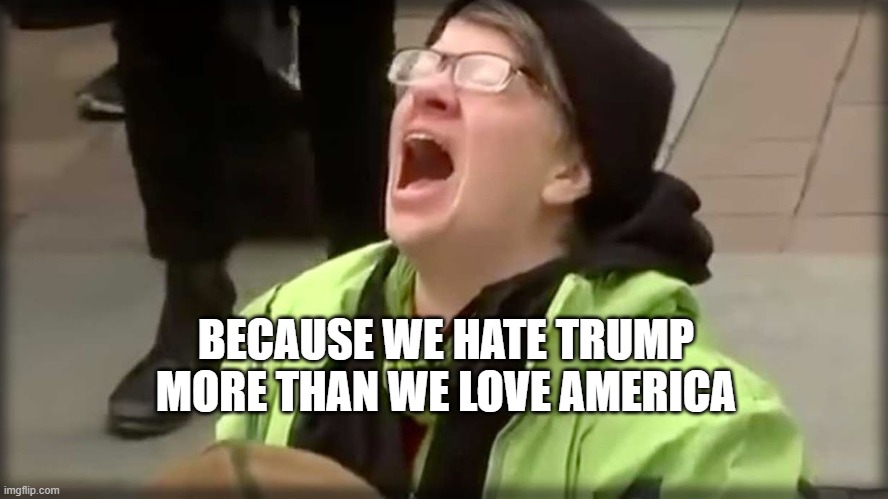 Trump SJW No | BECAUSE WE HATE TRUMP MORE THAN WE LOVE AMERICA | image tagged in trump sjw no | made w/ Imgflip meme maker