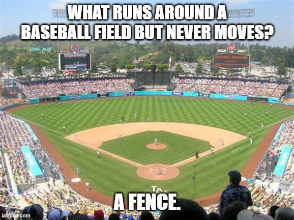 Daily Bad Dad Joke October 31, 2024 | WHAT RUNS AROUND A BASEBALL FIELD BUT NEVER MOVES? A FENCE. | image tagged in major league baseball | made w/ Imgflip meme maker