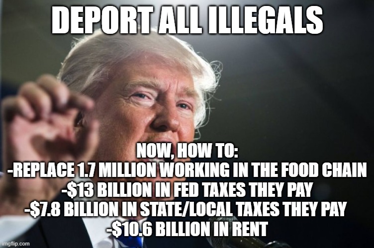 Short-Sighted Economics | DEPORT ALL ILLEGALS; NOW, HOW TO:
-REPLACE 1.7 MILLION WORKING IN THE FOOD CHAIN
-$13 BILLION IN FED TAXES THEY PAY
-$7.8 BILLION IN STATE/LOCAL TAXES THEY PAY 
-$10.6 BILLION IN RENT | image tagged in donald trump,economy,illegal immigration,election | made w/ Imgflip meme maker