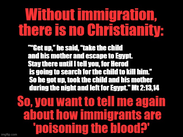 Poisoning the Blood | Without immigration, there is no Christianity:; "“Get up,” he said, “take the child 
and his mother and escape to Egypt. 
Stay there until I tell you, for Herod
 is going to search for the child to kill him.”
 So he got up, took the child and his mother
 during the night and left for Egypt." Mt 2:13,14; So, you want to tell me again
 about how immigrants are
'poisoning the blood?' | image tagged in immigrants,christianity,trump wall,poisoning the blood,trump is a raping traitor,fuck trump | made w/ Imgflip meme maker