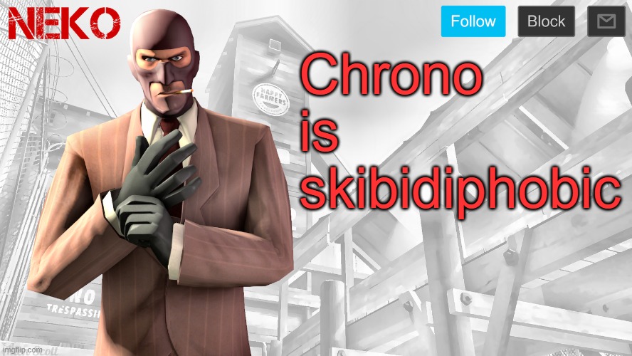 Neko Spy template | Chrono is skibidiphobic | image tagged in neko spy template | made w/ Imgflip meme maker