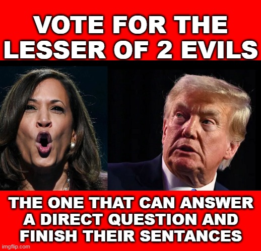 LESSER OF 2 EVILS | VOTE FOR THE LESSER OF 2 EVILS; THE ONE THAT CAN ANSWER
A DIRECT QUESTION AND
FINISH THEIR SENTANCES | image tagged in harris or trump,lesser of 2 evils | made w/ Imgflip meme maker