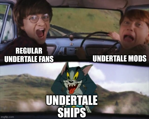 Tom chasing Harry and Ron Weasly | UNDERTALE MODS; REGULAR UNDERTALE FANS; UNDERTALE SHIPS | image tagged in tom chasing harry and ron weasly | made w/ Imgflip meme maker