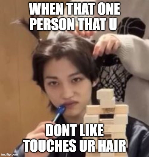 felix being degusted | WHEN THAT ONE PERSON THAT U; DONT LIKE TOUCHES UR HAIR | image tagged in felix being degusted | made w/ Imgflip meme maker