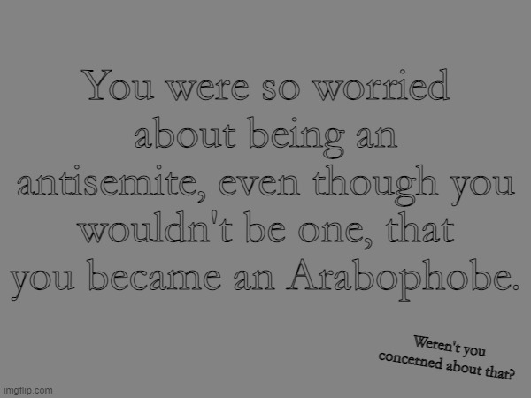 You were so worried about being an antisemite, even though you wouldn't be one, that you became an Arabophobe. Weren't you concerned about that? | image tagged in palestine,middle east | made w/ Imgflip meme maker