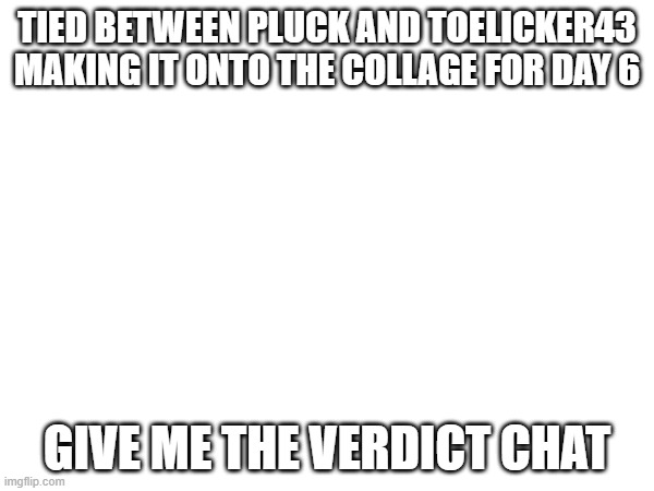 We need an answer | TIED BETWEEN PLUCK AND TOELICKER43 MAKING IT ONTO THE COLLAGE FOR DAY 6; GIVE ME THE VERDICT CHAT | image tagged in e | made w/ Imgflip meme maker