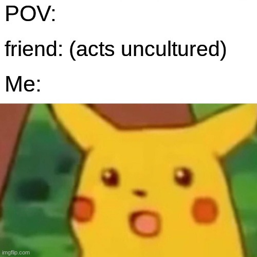 Surprised Pikachu Meme | POV:; friend: (acts uncultured); Me: | image tagged in memes,surprised pikachu | made w/ Imgflip meme maker