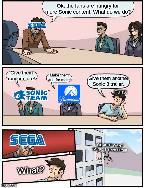 Sonic 3 | Ok, the fans are hungry for more Sonic content. What do we do? Give them random lore! Make them wait for more! Give them another Sonic 3 trailer. Fans:; WE JUST WANT SONIC 3 TRAILERS!!! What? | image tagged in memes,boardroom meeting suggestion,sonic movie,sonic the hedgehog,paramount,sega | made w/ Imgflip meme maker