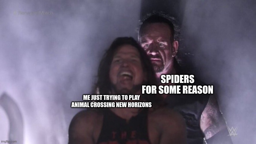 why did nintendo add this?!? | SPIDERS FOR SOME REASON; ME JUST TRYING TO PLAY ANIMAL CROSSING NEW HORIZONS | image tagged in aj styles undertaker | made w/ Imgflip meme maker