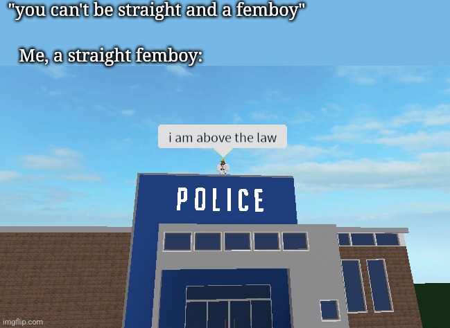 yeah | "you can't be straight and a femboy"; Me, a straight femboy: | image tagged in i am above the law | made w/ Imgflip meme maker