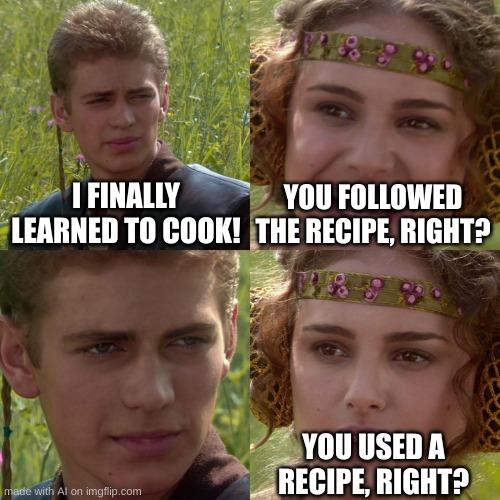 Cooking | I FINALLY LEARNED TO COOK! YOU FOLLOWED THE RECIPE, RIGHT? YOU USED A RECIPE, RIGHT? | image tagged in anakin padme 4 panel | made w/ Imgflip meme maker