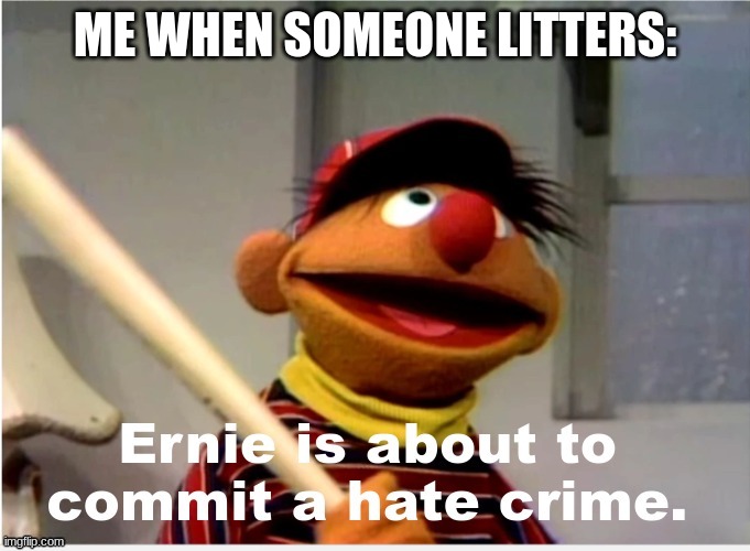 always throw your trash away or face my wrath | ME WHEN SOMEONE LITTERS: | image tagged in ernie is about to commit a hate crime | made w/ Imgflip meme maker