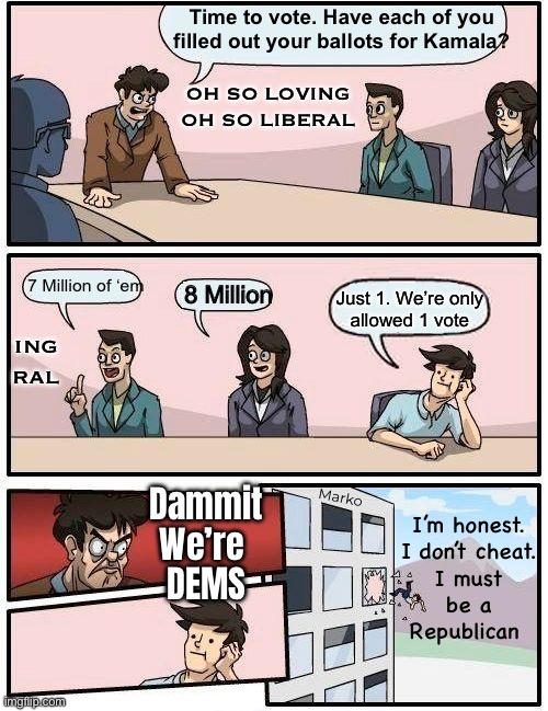 Some people are So Naive | Time to vote. Have each of you

filled out your ballots for Kamala? OH SO LOVING
OH SO LIBERAL; 7 Million of ‘em; 8 Million; Just 1. We’re only
allowed 1 vote; ing
ral; Marko; Dammit
We’re 
DEMS; I’m honest.

I don’t cheat.
I must
be a
Republican | image tagged in memes,boardroom meeting suggestion,dems would never win with just 1 vote each,always always lie cheat steal,fkh voters gotohell | made w/ Imgflip meme maker