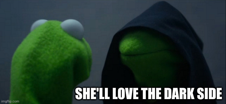 Evil Kermit Meme | SHE'LL LOVE THE DARK SIDE | image tagged in memes,evil kermit | made w/ Imgflip meme maker