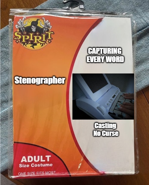 Spirit Halloween Costume | CAPTURING 
EVERY WORD; Stenographer; Casting
 No Curse | image tagged in spirit halloween costume | made w/ Imgflip meme maker