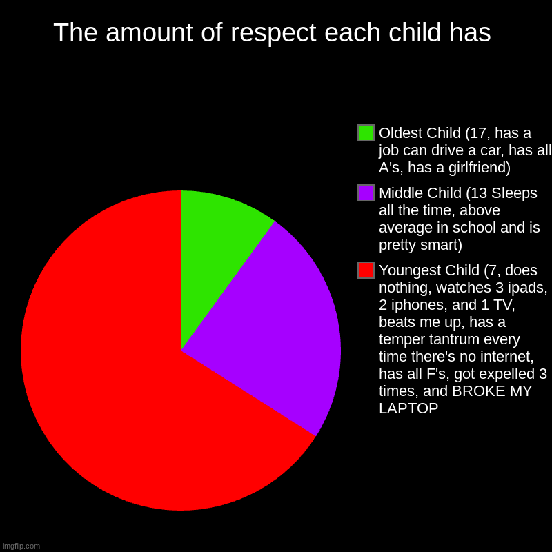 I just don't get it | The amount of respect each child has | Youngest Child (7, does nothing, watches 3 ipads, 2 iphones, and 1 TV, beats me up, has a temper tant | image tagged in charts,pie charts | made w/ Imgflip chart maker