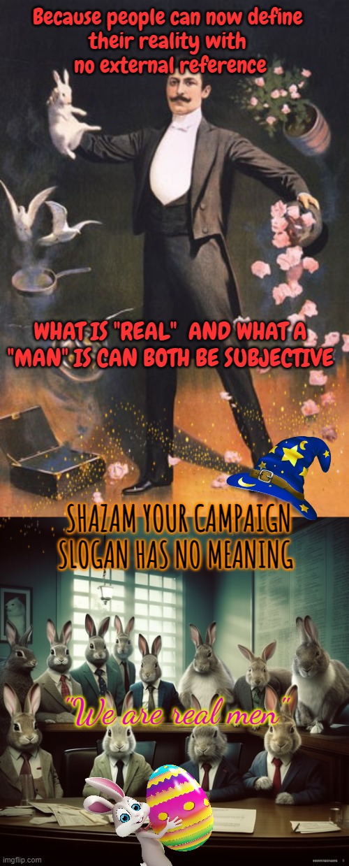 WHAT IS "REAL"  AND WHAT A "MAN" IS CAN BOTH BE SUBJECTIVE Because people can now define 
their reality with 
no external reference SHAZAM Y | image tagged in magician,rabbits in suits | made w/ Imgflip meme maker