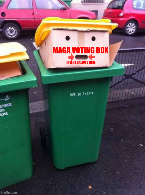 MAGA BALLOTS HERE | MAGA VOTING BOX; INSERT BALLOTS HERE | image tagged in maga ballots here,trump trash,white trashnalists,maga mail-in,false flag,vote as many times as you like | made w/ Imgflip meme maker