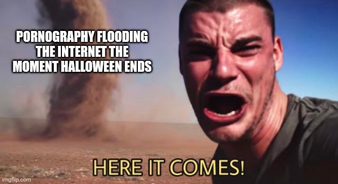 Heh. Here it "CUMS." | PORNOGRAPHY FLOODING THE INTERNET THE MOMENT HALLOWEEN ENDS | image tagged in here it comes,no nut november,memes | made w/ Imgflip meme maker