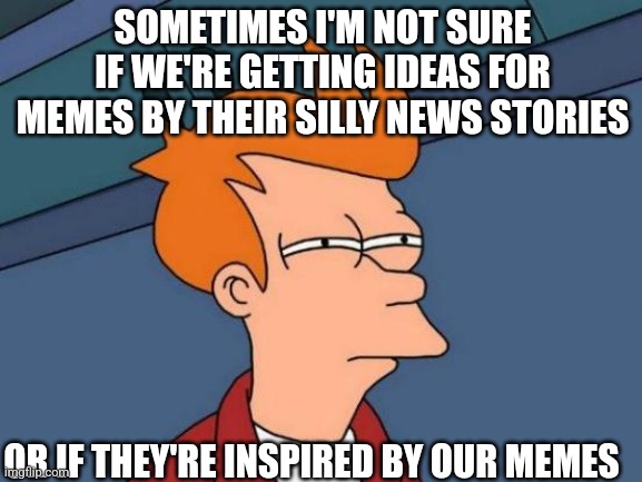 Not sure | SOMETIMES I'M NOT SURE IF WE'RE GETTING IDEAS FOR MEMES BY THEIR SILLY NEWS STORIES; OR IF THEY'RE INSPIRED BY OUR MEMES | image tagged in memes,futurama fry,fake news | made w/ Imgflip meme maker