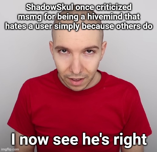 Two Steps Ahead | ShadowSkul once criticized msmg for being a hivemind that hates a user simply because others do; I now see he's right | image tagged in two steps ahead | made w/ Imgflip meme maker