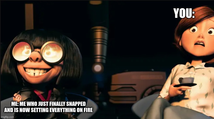 chaos | YOU:; ME: ME WHO JUST FINALLY SNAPPED AND IS NOW SETTING EVERYTHING ON FIRE | image tagged in edna mode and ms incredible | made w/ Imgflip meme maker