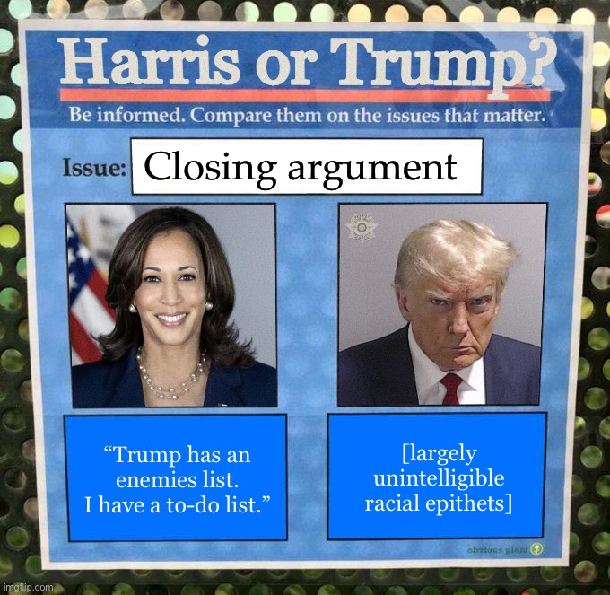 2024 closing arguments | Closing argument; [largely unintelligible racial epithets]; “Trump has an enemies list.
I have a to-do list.” | image tagged in harris or trump on the issues 2024 election,closing arguments,trump is racist,trump is really just super racist | made w/ Imgflip meme maker