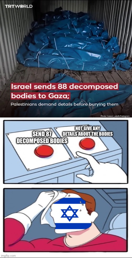 A hard time for Israel | NOT GIVE ANY DETAILS ABOUT THE BODIES; SEND 87 DECOMPOSED BODIES | image tagged in middle east,palestine | made w/ Imgflip meme maker