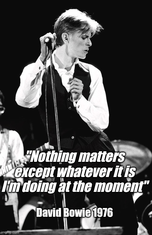 David Bowie quote | "Nothing matters except whatever it is I'm doing at the moment"; David Bowie 1976 | image tagged in david bowie | made w/ Imgflip meme maker