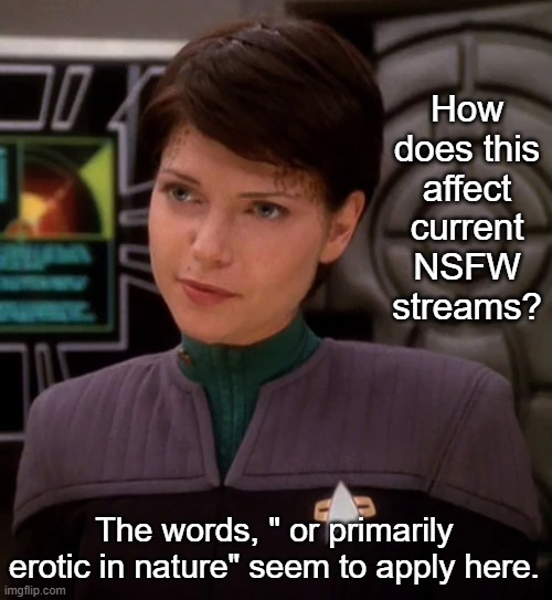 How does this affect current NSFW streams? The words, " or primarily erotic in nature" seem to apply here. | image tagged in ezri dax | made w/ Imgflip meme maker