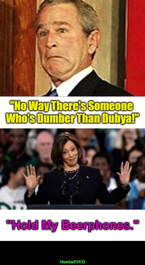 Mort Sahl Was Right About Darwin Being Wrong Here. | "No Way There's Someone 

Who's Dumber Than Dubya!"; "Hold My Beerphones."; OzwinEVCG | image tagged in george w bush,baby dubya,kamala harris,comrade kneepads,myth of progress,clown world | made w/ Imgflip meme maker