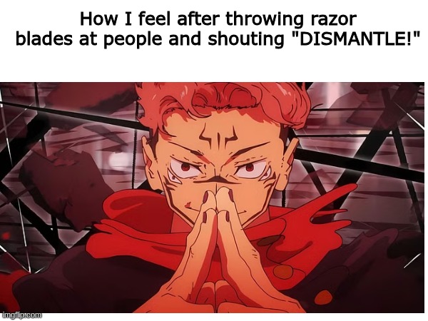 no violence | How I feel after throwing razor blades at people and shouting "DISMANTLE!" | image tagged in knife | made w/ Imgflip meme maker