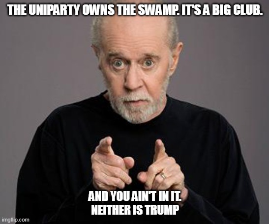 george carlin | THE UNIPARTY OWNS THE SWAMP. IT'S A BIG CLUB. AND YOU AIN'T IN IT.
NEITHER IS TRUMP | image tagged in george carlin | made w/ Imgflip meme maker