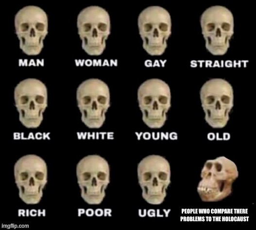 idiot skull | PEOPLE WHO COMPARE THERE PROBLEMS TO THE HOLOCAUST | image tagged in idiot skull | made w/ Imgflip meme maker