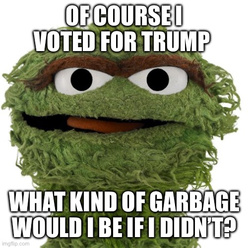 Oscar The Grouch | OF COURSE I VOTED FOR TRUMP; WHAT KIND OF GARBAGE WOULD I BE IF I DIDN’T? | image tagged in oscar the grouch | made w/ Imgflip meme maker