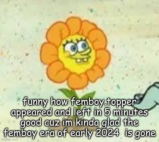 flowey | funny how femboy.topper appeared and left in 5 minutes
good cuz im kinda glad the femboy era of early 2024  is gone | image tagged in flowey | made w/ Imgflip meme maker