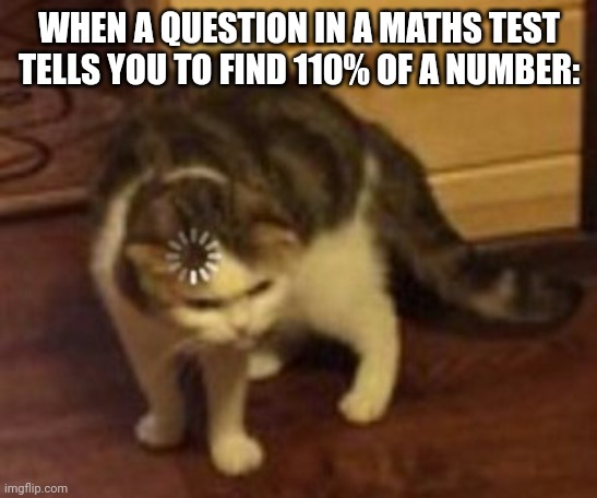 Why!? | WHEN A QUESTION IN A MATHS TEST TELLS YOU TO FIND 110% OF A NUMBER: | image tagged in loading cat,true dat | made w/ Imgflip meme maker