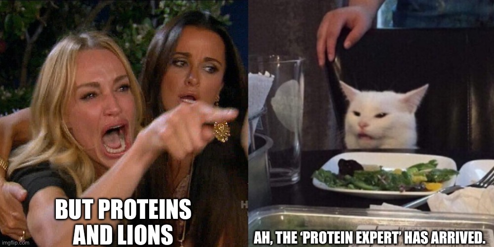 Feel free to share and tag us for a repost! @Vgang_Community | BUT PROTEINS AND LIONS; AH, THE ‘PROTEIN EXPERT’ HAS ARRIVED. | image tagged in woman yelling at cat,food memes,cute cat,funny,funny memes | made w/ Imgflip meme maker