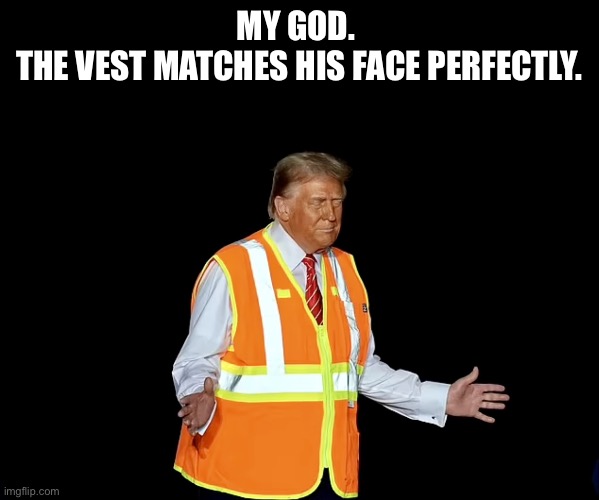 Career move? | MY GOD. 
THE VEST MATCHES HIS FACE PERFECTLY. | image tagged in trump garbage | made w/ Imgflip meme maker