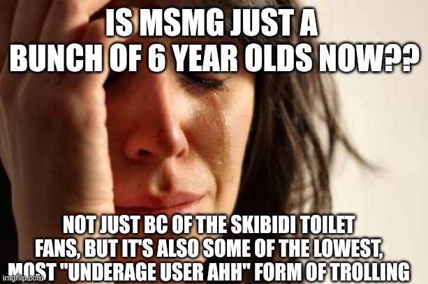 "this stream needs a hero" ahh post | IS MSMG JUST A  BUNCH OF 6 YEAR OLDS NOW?? NOT JUST BC OF THE SKIBIDI TOILET FANS, BUT IT'S ALSO SOME OF THE LOWEST, MOST "UNDERAGE USER AHH" FORM OF TROLLING | image tagged in first world problems | made w/ Imgflip meme maker