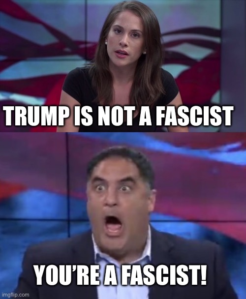 Fascist stuff | TRUMP IS NOT A FASCIST; YOU’RE A FASCIST! | image tagged in ana kasparian tyt,surprised cenk,fascism,fascist,politics,political meme | made w/ Imgflip meme maker