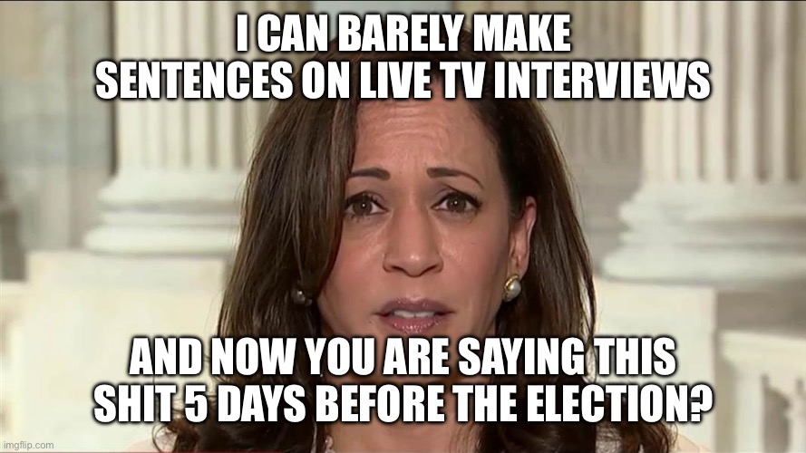 kamala harris | I CAN BARELY MAKE SENTENCES ON LIVE TV INTERVIEWS AND NOW YOU ARE SAYING THIS SHIT 5 DAYS BEFORE THE ELECTION? | image tagged in kamala harris | made w/ Imgflip meme maker