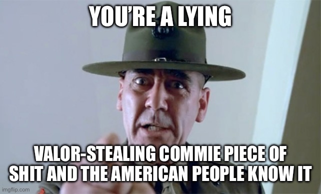 R. Lee Ermy  | YOU’RE A LYING VALOR-STEALING COMMIE PIECE OF SHIT AND THE AMERICAN PEOPLE KNOW IT | image tagged in r lee ermy | made w/ Imgflip meme maker