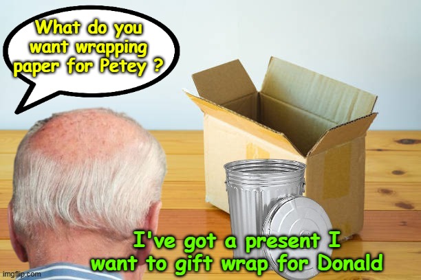 And like all good gifts IT WAS A SURPRISE ! (October Surprise) | What do you want wrapping paper for Petey ? I've got a present I want to gift wrap for Donald | image tagged in biden garbage can gift meme | made w/ Imgflip meme maker