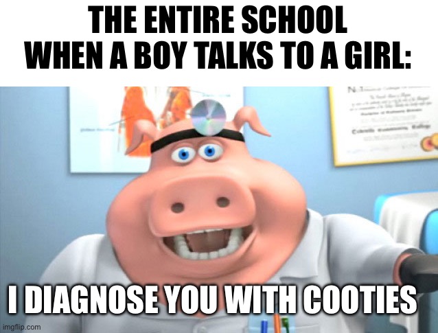 Schools in 2010 | THE ENTIRE SCHOOL WHEN A BOY TALKS TO A GIRL:; I DIAGNOSE YOU WITH COOTIES | image tagged in i diagnose you with x,school meme,elementary,memes,school memes,old school | made w/ Imgflip meme maker