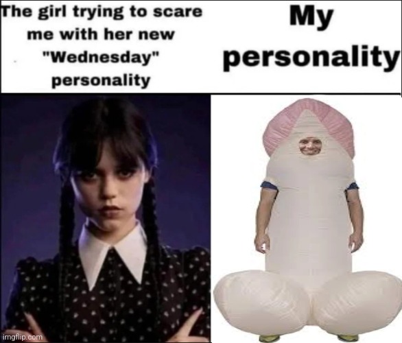 The girl trying to scare me with her new Wednesday personality | image tagged in the girl trying to scare me with her new wednesday personality | made w/ Imgflip meme maker