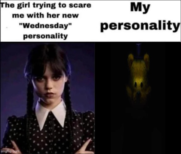 The girl trying to scare me with her new Wednesday personality | image tagged in the girl trying to scare me with her new wednesday personality | made w/ Imgflip meme maker