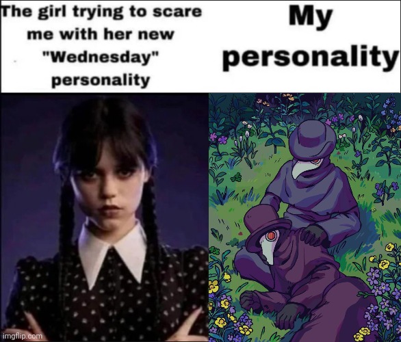 The girl trying to scare me with her new Wednesday personality | image tagged in the girl trying to scare me with her new wednesday personality | made w/ Imgflip meme maker